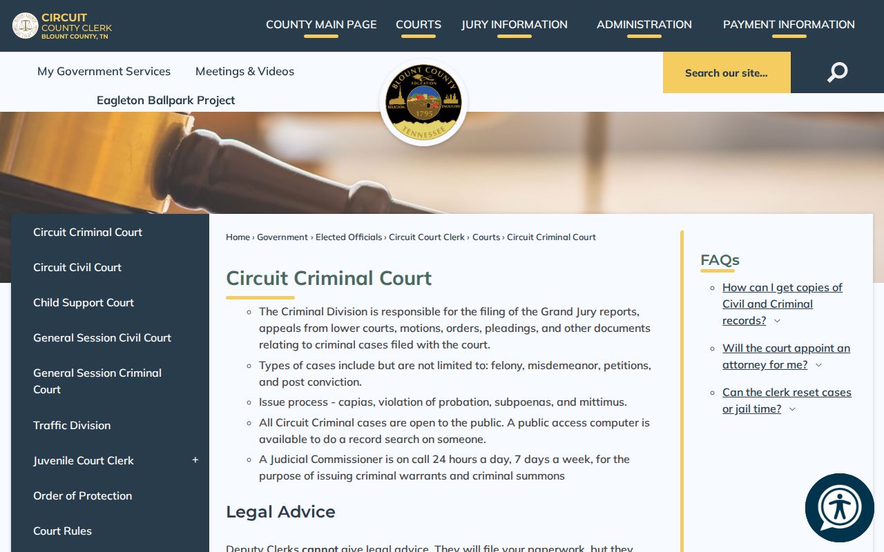 Blount County Circuit Criminal Court official access page