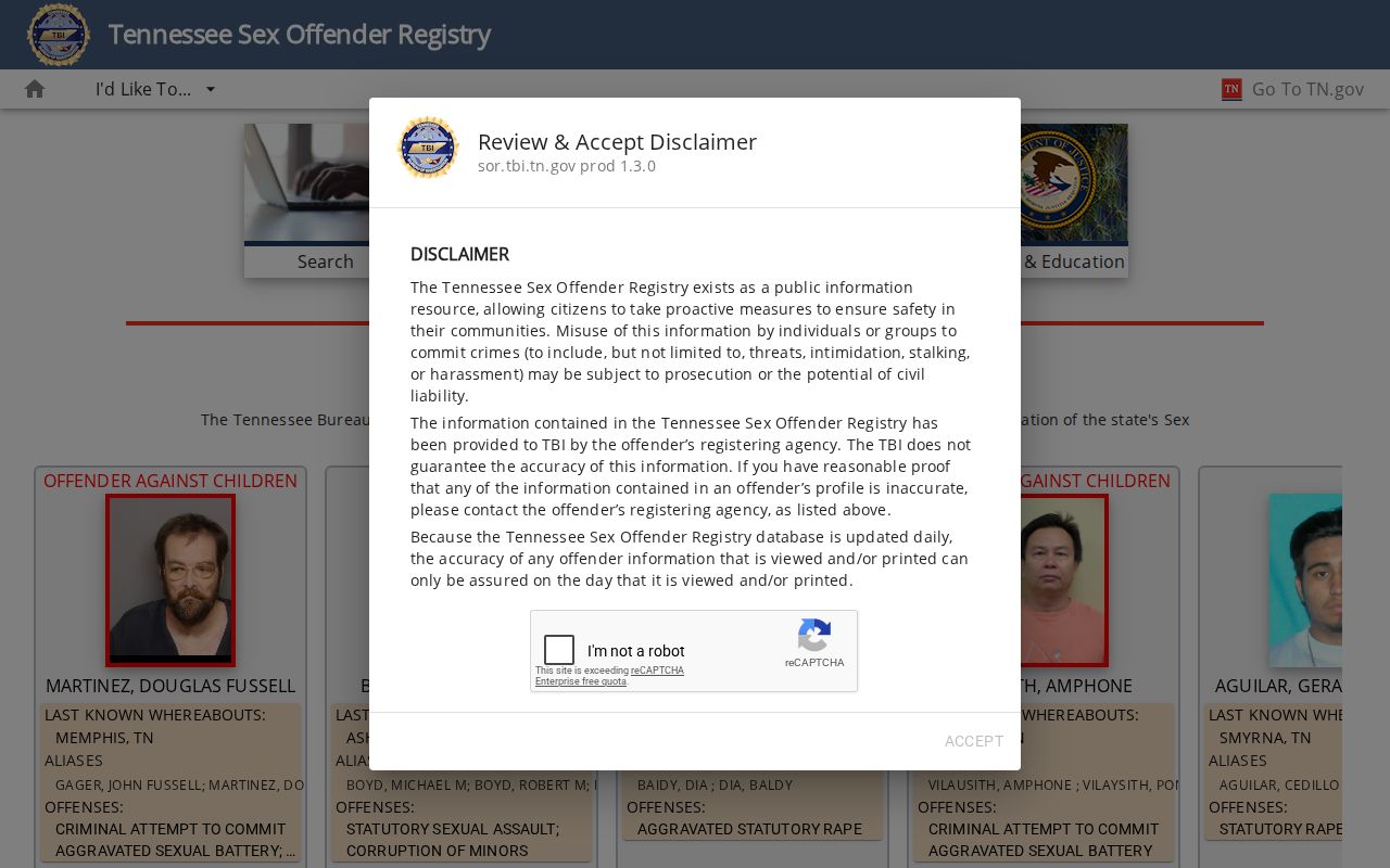 Tennessee Sex Offender Registry search interface for Blount County queries
