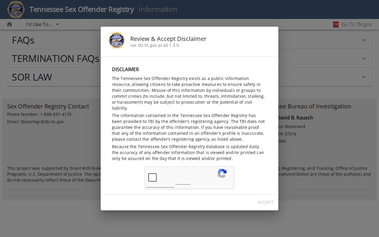 Tennessee Sex Offender Registry information and legal guidance page